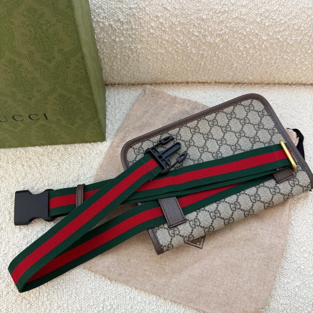 Gucci Beige + Brown Belt Bag with Green + Red Strap Purse Crossbody Fannypack